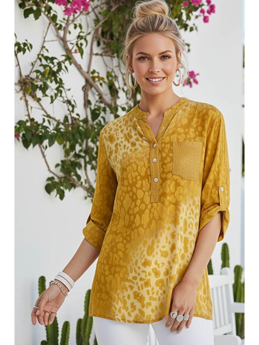 Sarı İtalyan Hardal Hakim Yaka Düğmeli 3/4 Kol Desenli Pullu Cepli Casual Viskon Bluz 75 60
