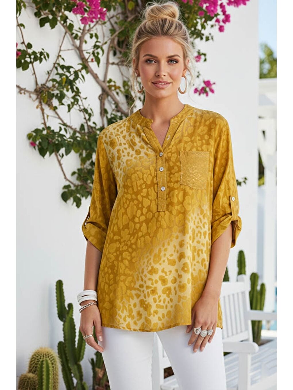 Sarı İtalyan Hardal Hakim Yaka Düğmeli 3/4 Kol Desenli Pullu Cepli Casual Viskon Bluz 75 60-1