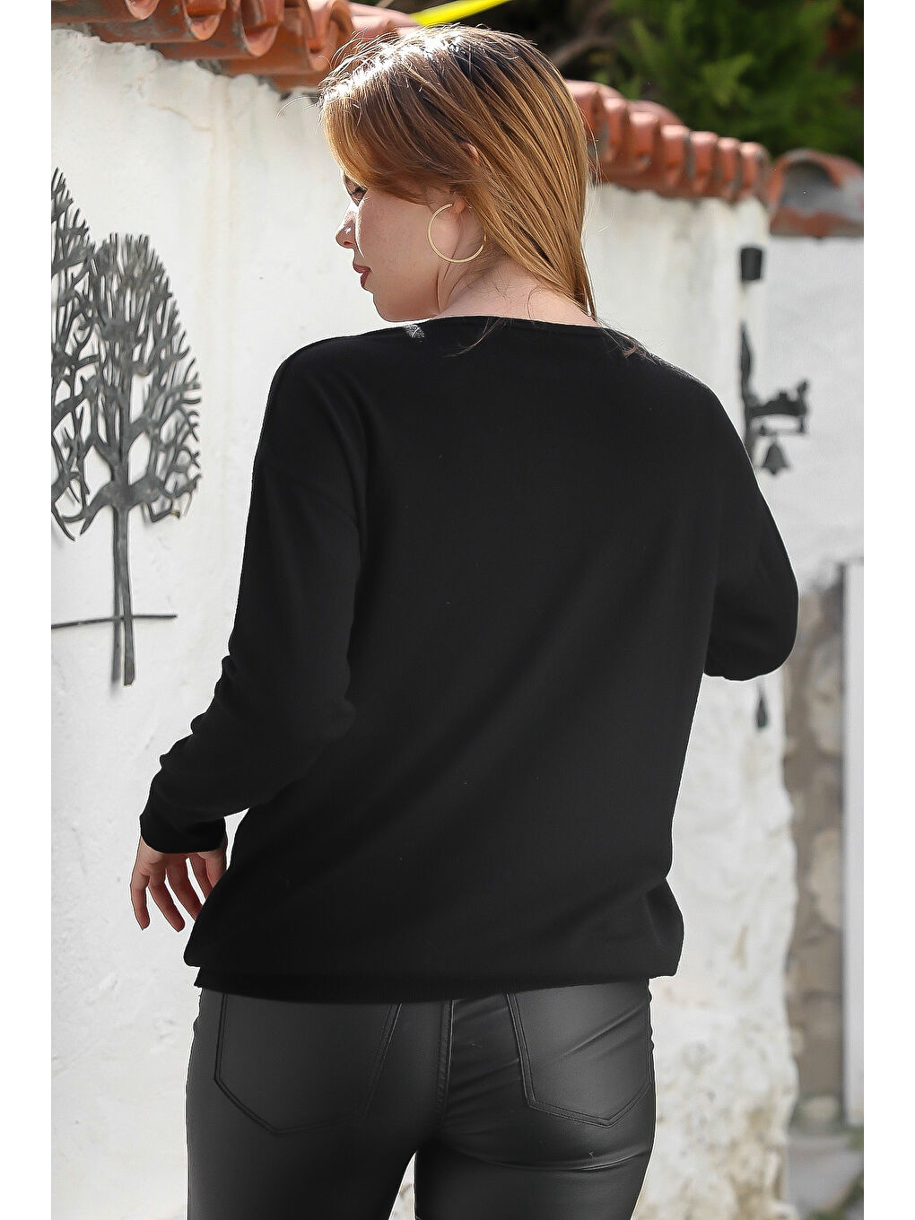 Siyah V Yaka Uzun Kol Fiyonk Detaylı Casual Triko Kazak 65 60-4