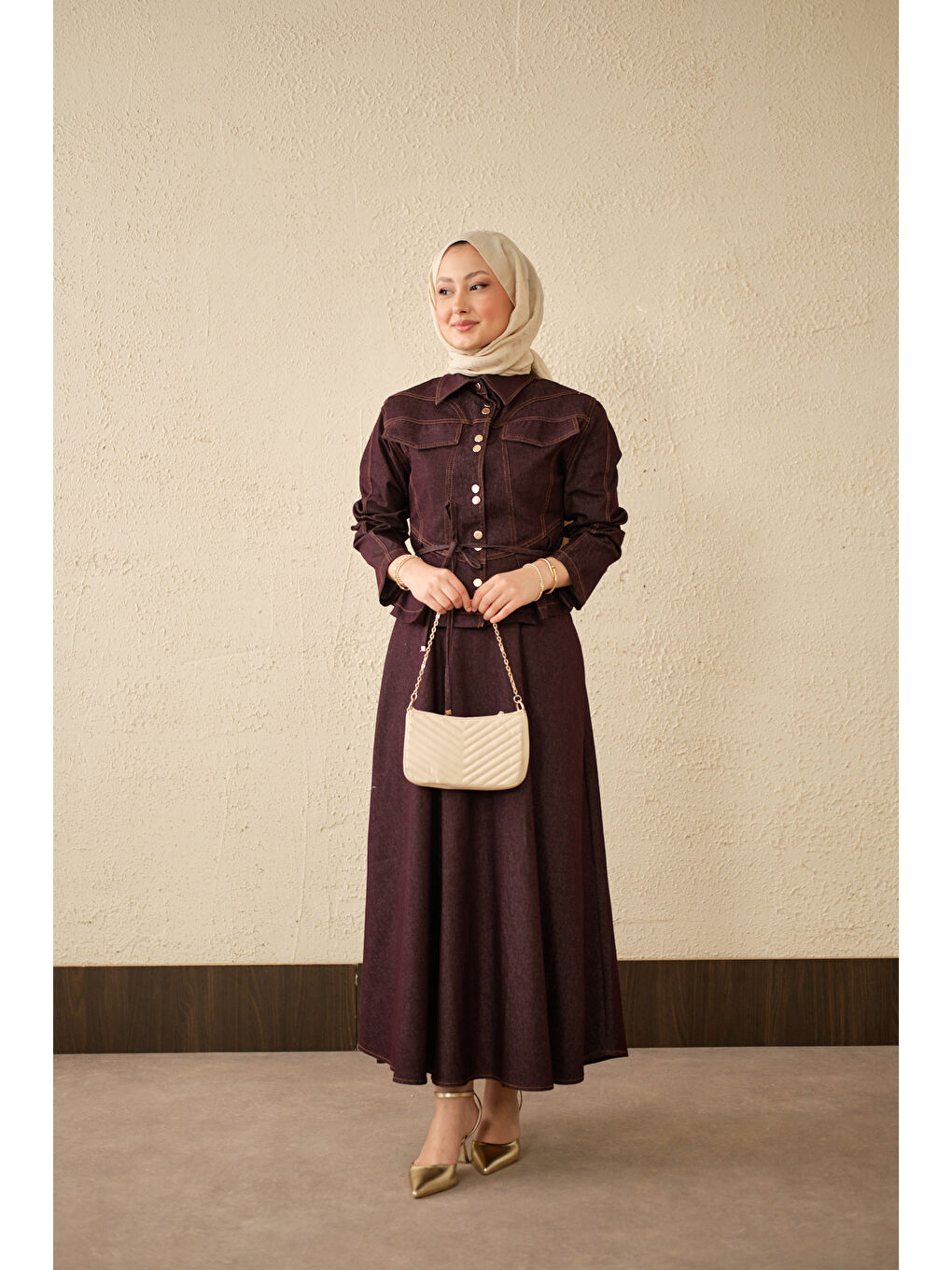 Kadın Çift Cep Görünümlü Dikiş Detay Jean Takım Mürdüm-1