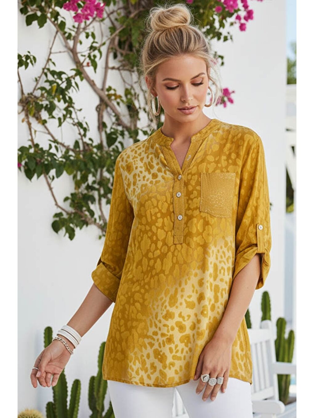 Sarı İtalyan Hardal Hakim Yaka Düğmeli 3/4 Kol Desenli Pullu Cepli Casual Viskon Bluz 75 60-2