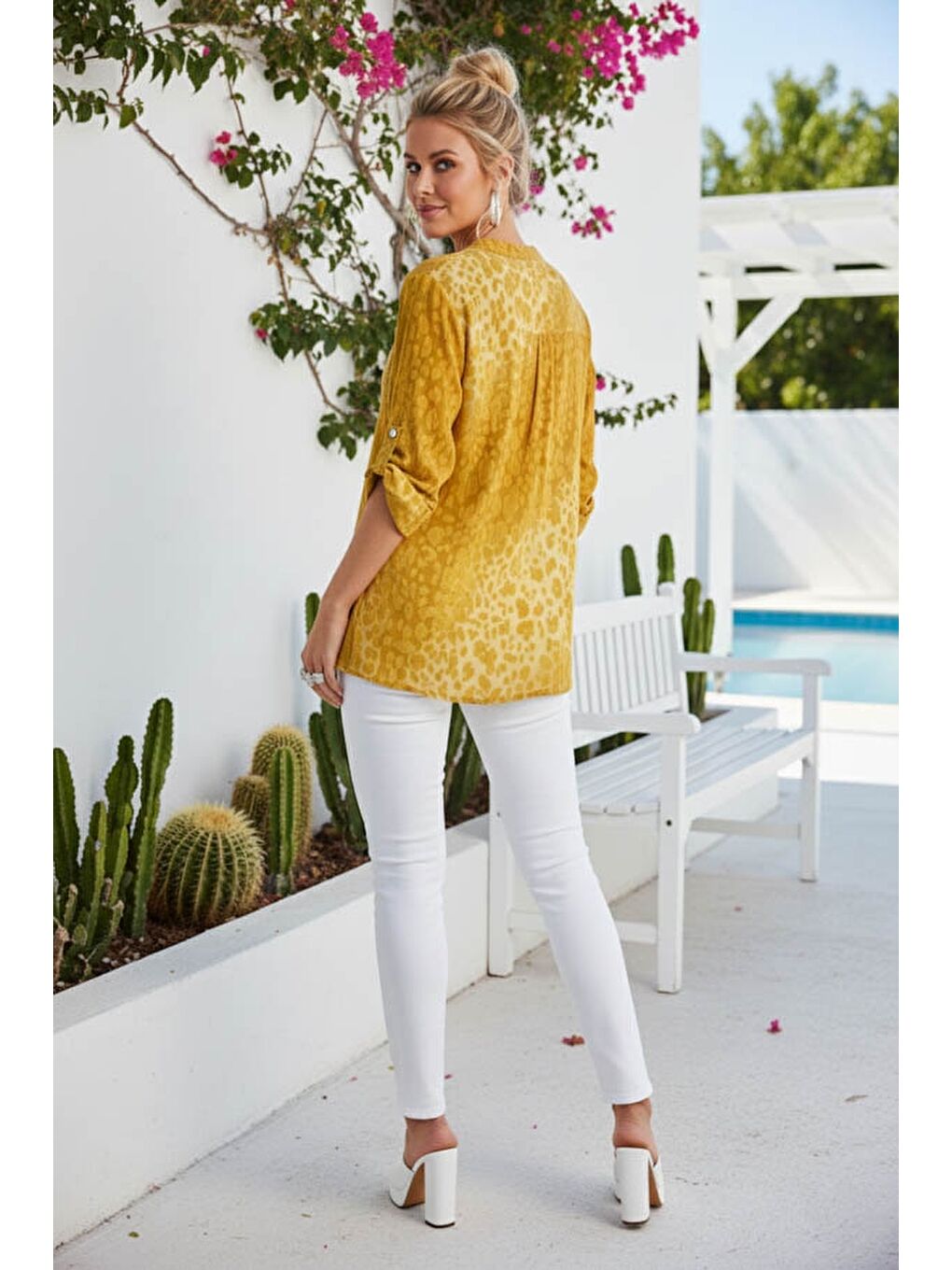 Sarı İtalyan Hardal Hakim Yaka Düğmeli 3/4 Kol Desenli Pullu Cepli Casual Viskon Bluz 75 60-5