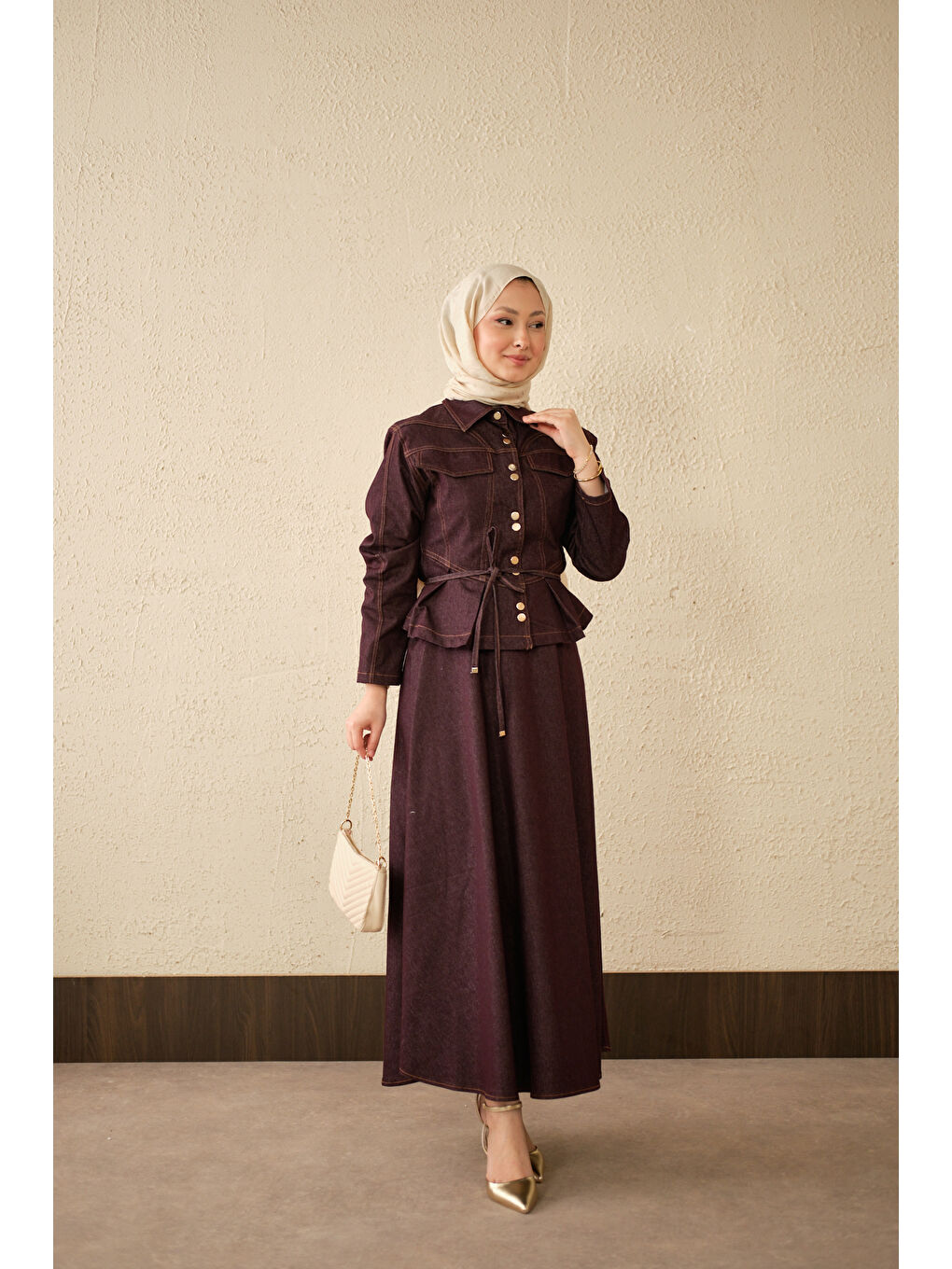 Kadın Çift Cep Görünümlü Dikiş Detay Jean Takım Mürdüm-2