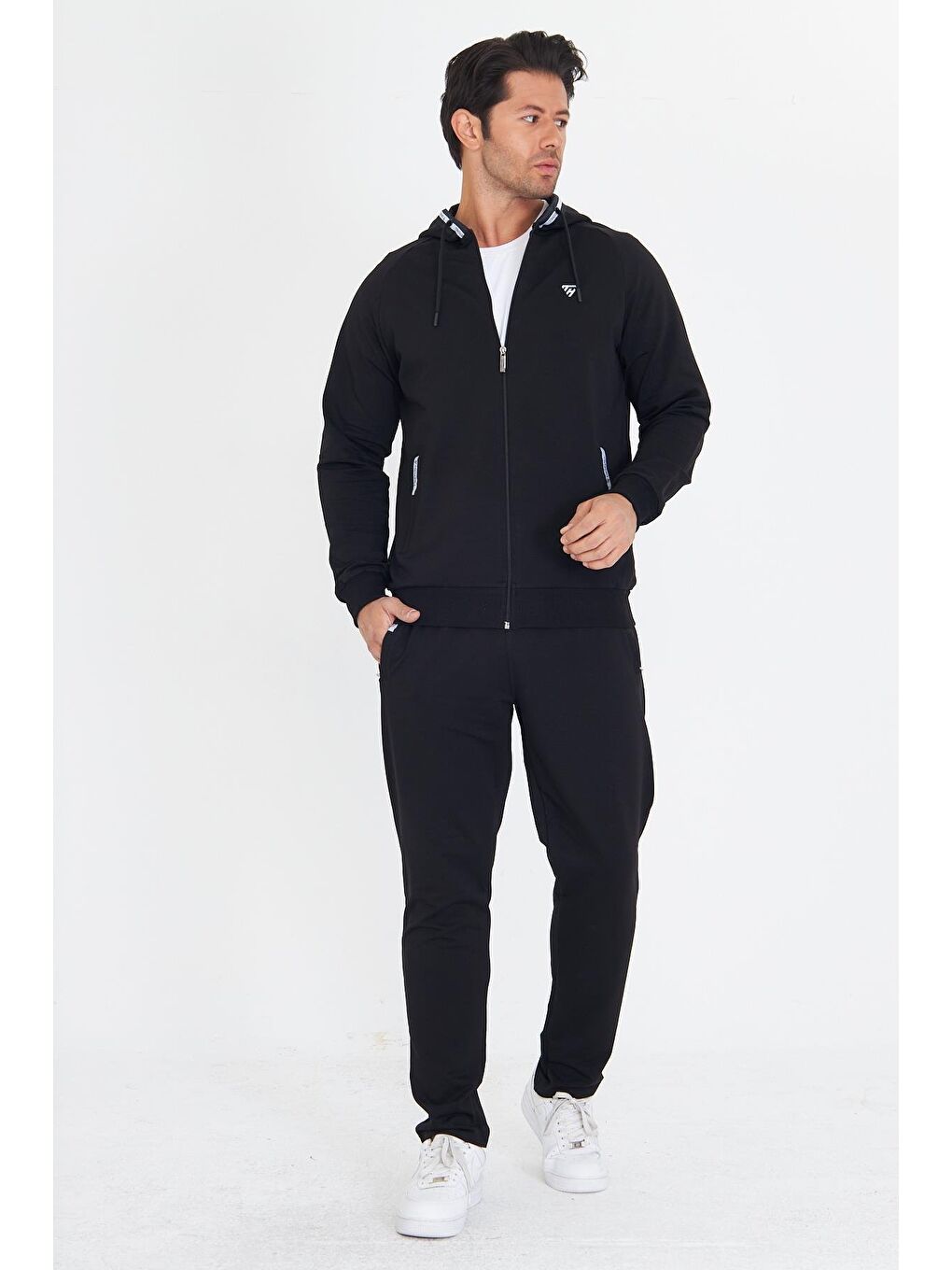 Erkek Pamuklu Kapüşonlu Eşofman Takımı Siyah 5756-S-1