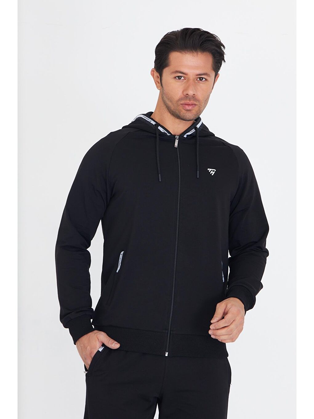 Erkek Pamuklu Kapüşonlu Eşofman Takımı Siyah 5756-S-2