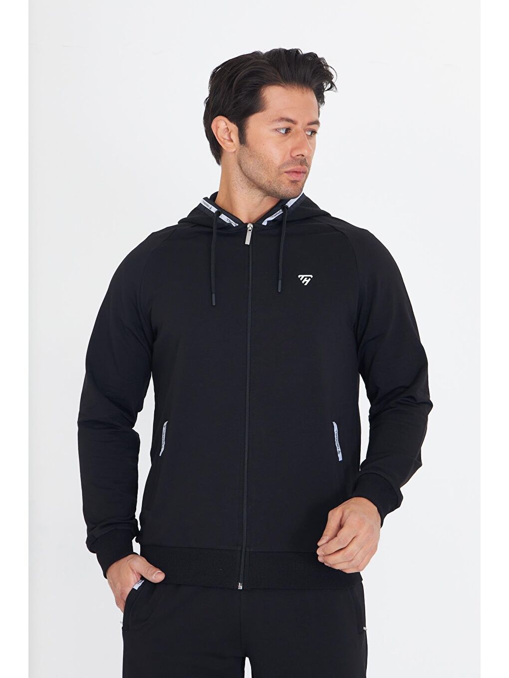 Erkek Pamuklu Kapüşonlu Eşofman Takımı Siyah 5756-S-3