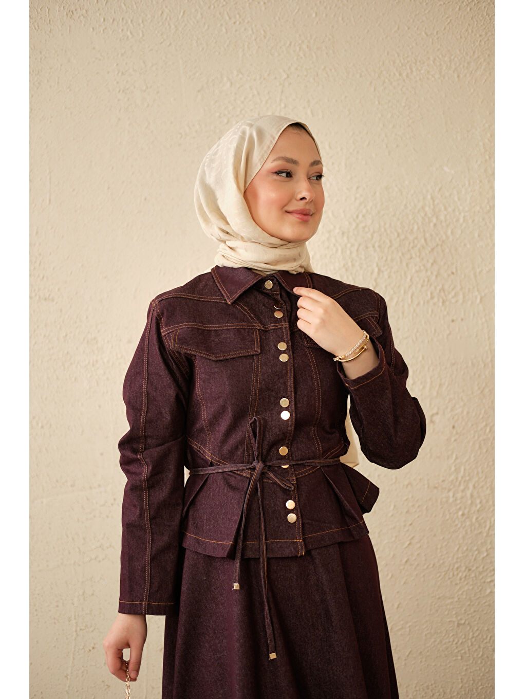 Kadın Çift Cep Görünümlü Dikiş Detay Jean Takım Mürdüm-3