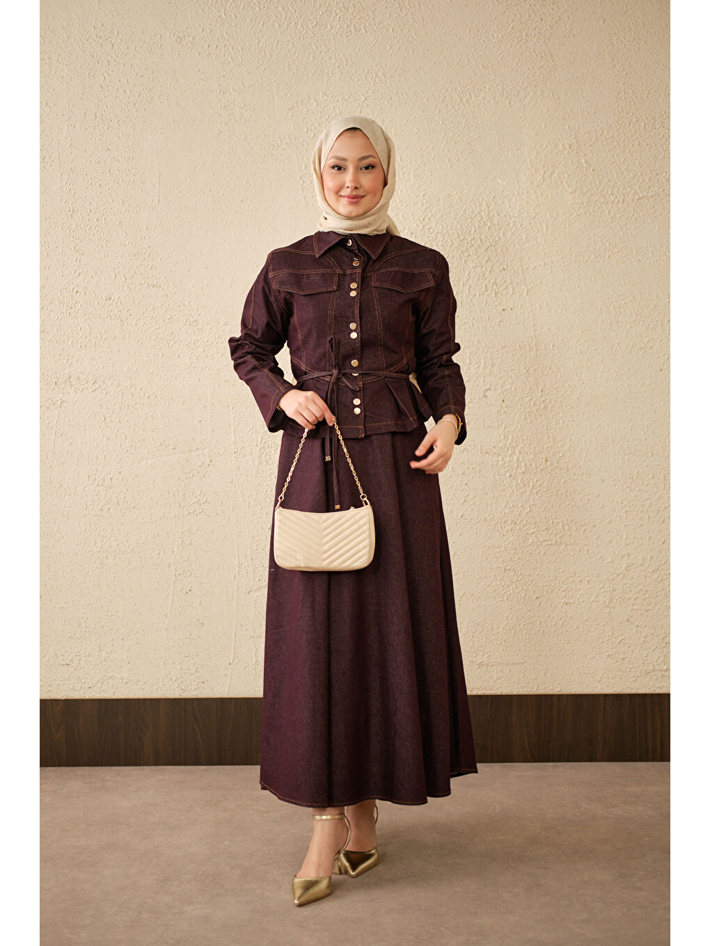 Kadın Çift Cep Görünümlü Dikiş Detay Jean Takım Mürdüm-4