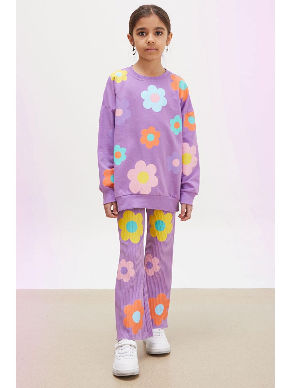 Lila Çiçek Baskılı İspanyol Paça Fitilli Taytlı Kız Çocuk Takım-1