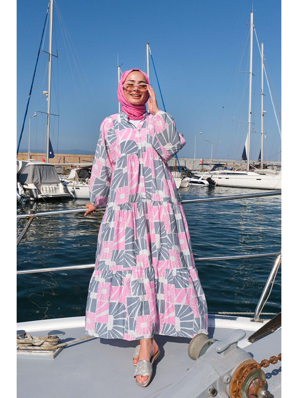 Locco Moda Pembe Karışık Desen Elbise Pembe