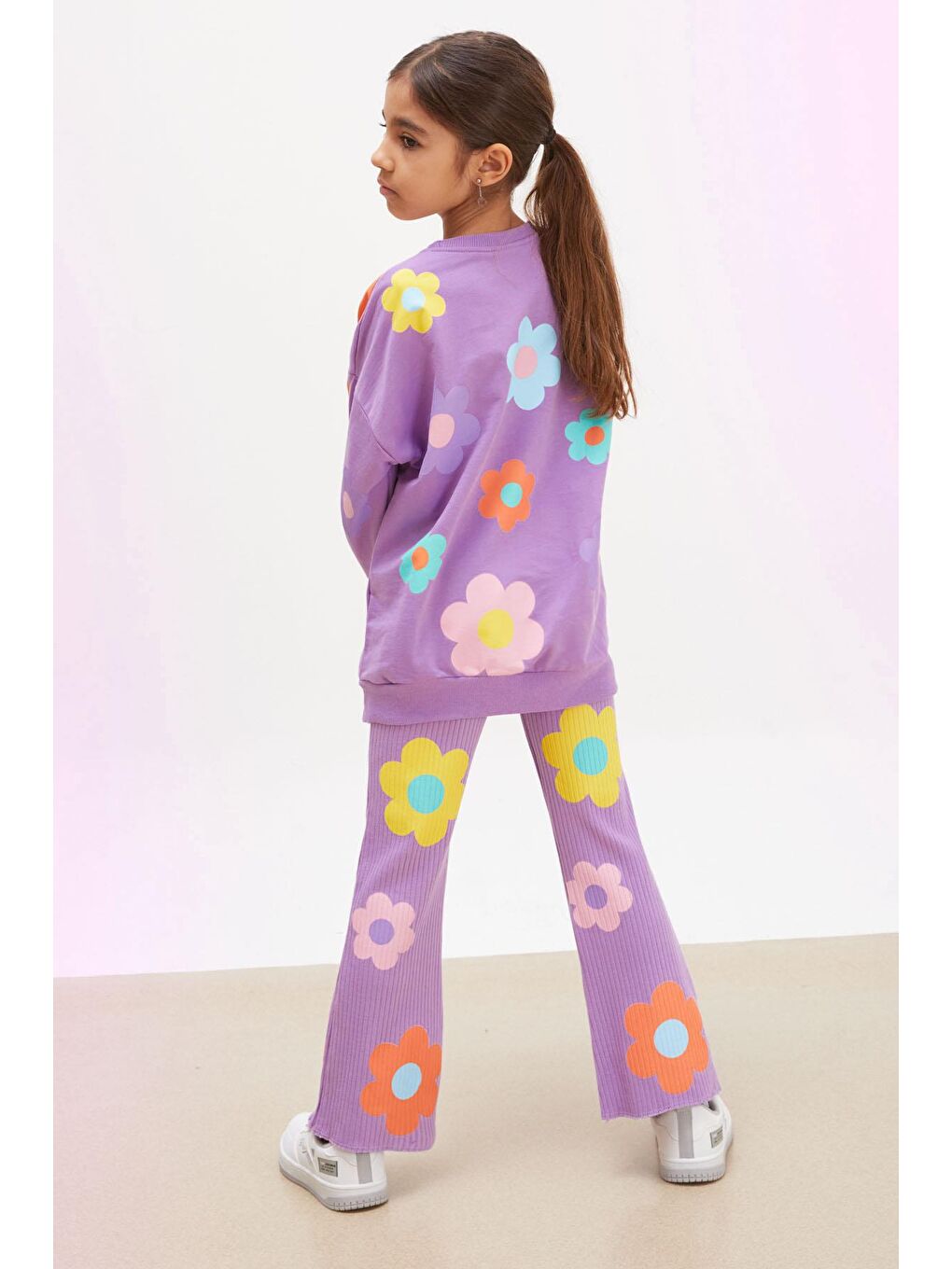 Lila Çiçek Baskılı İspanyol Paça Fitilli Taytlı Kız Çocuk Takım-2