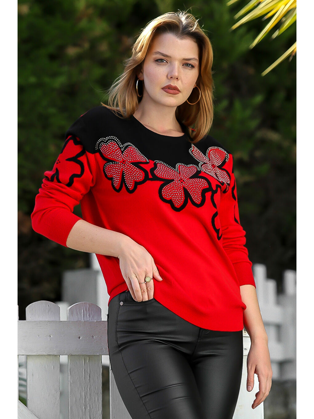 Kırmızı Yuvarlak Yaka Uzun Kol Çiçekli Troklu Casual Triko Kazak 65 60