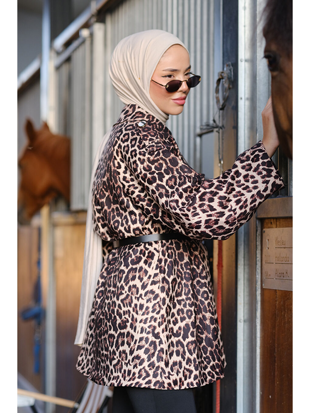 Locco Moda Vizon Leopar Desenli Kemerli Ceket Vizon - 1