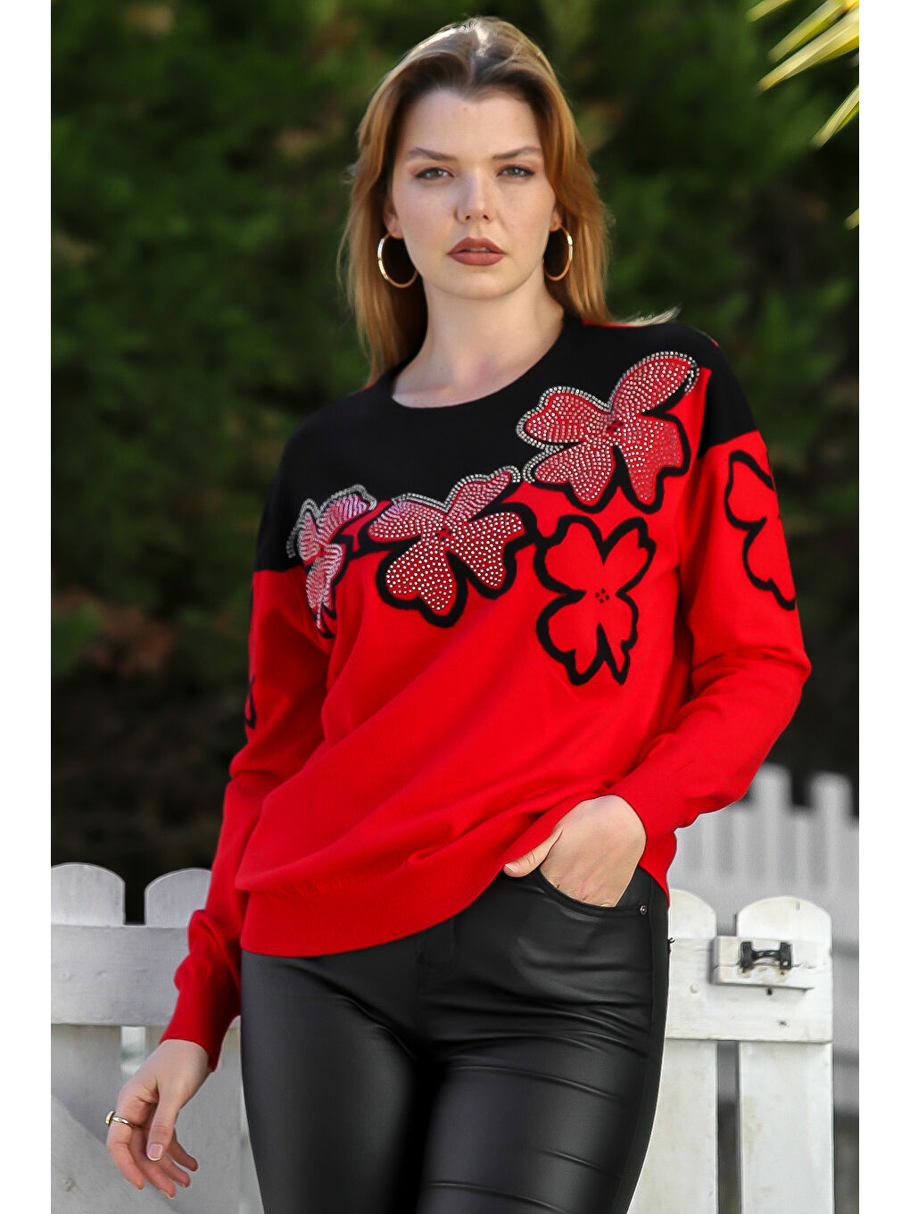 Kırmızı Yuvarlak Yaka Uzun Kol Çiçekli Troklu Casual Triko Kazak 65 60-1