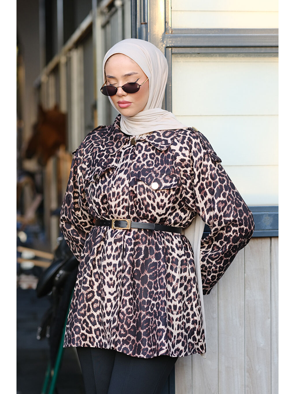 Locco Moda Vizon Leopar Desenli Kemerli Ceket Vizon - 2