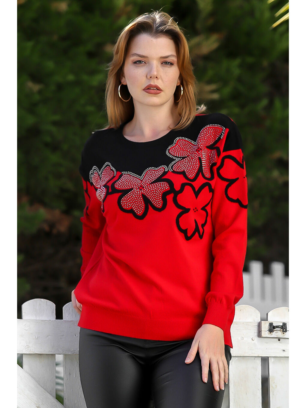 Kırmızı Yuvarlak Yaka Uzun Kol Çiçekli Troklu Casual Triko Kazak 65 60-2