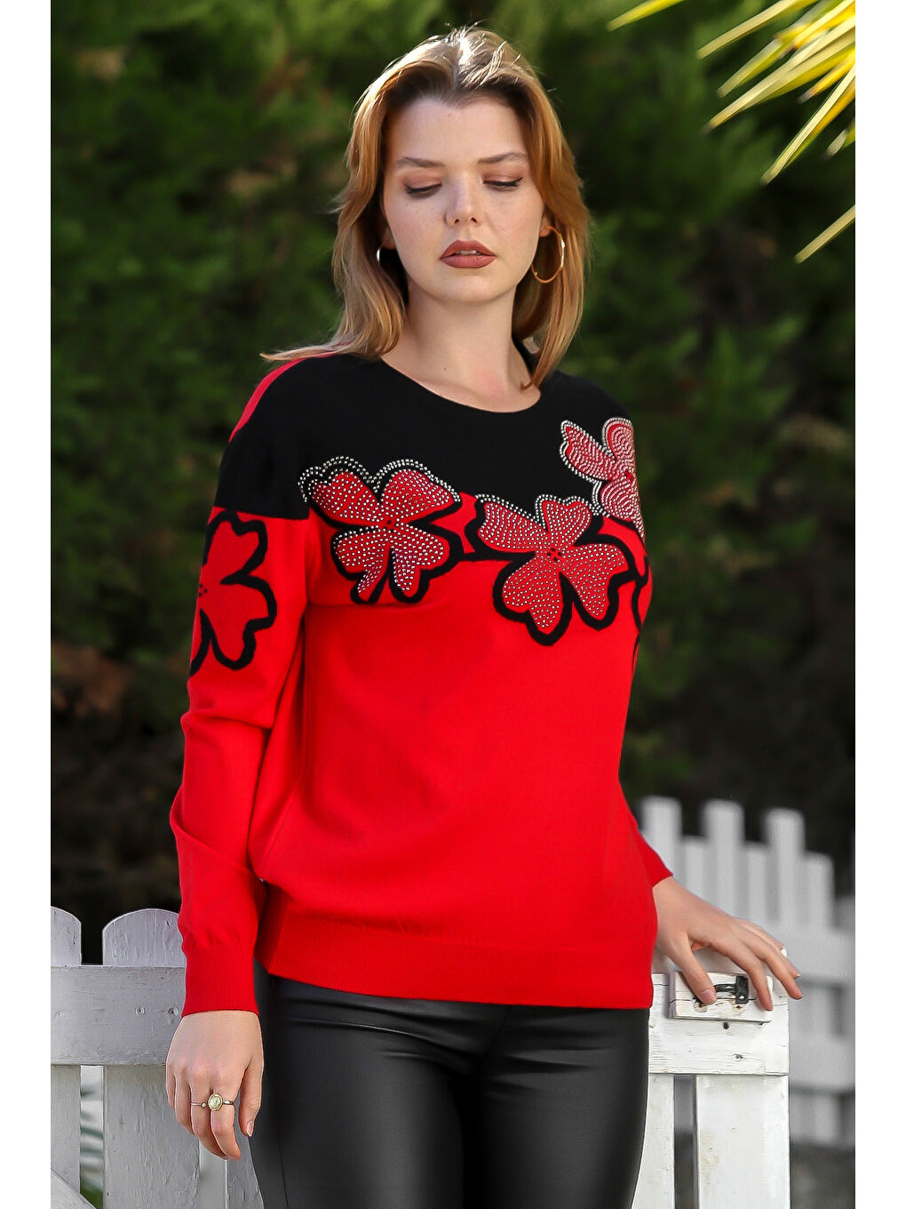 Kırmızı Yuvarlak Yaka Uzun Kol Çiçekli Troklu Casual Triko Kazak 65 60-3