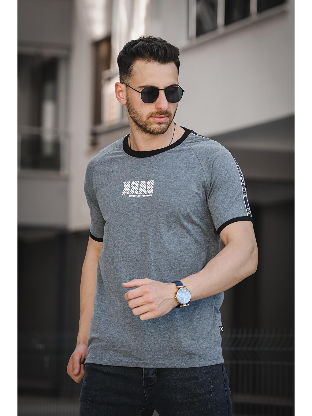 Antrasit Dark Baskılı Omuz Şeritli Slim Fit Elastanlı Erkek Tişört