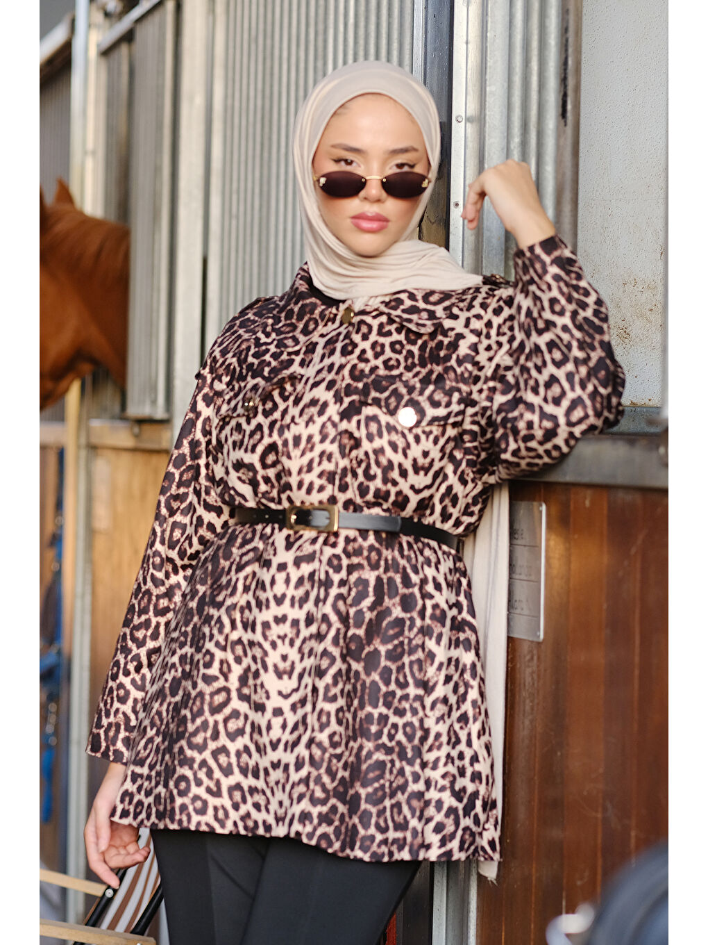 Locco Moda Vizon Leopar Desenli Kemerli Ceket Vizon - 3