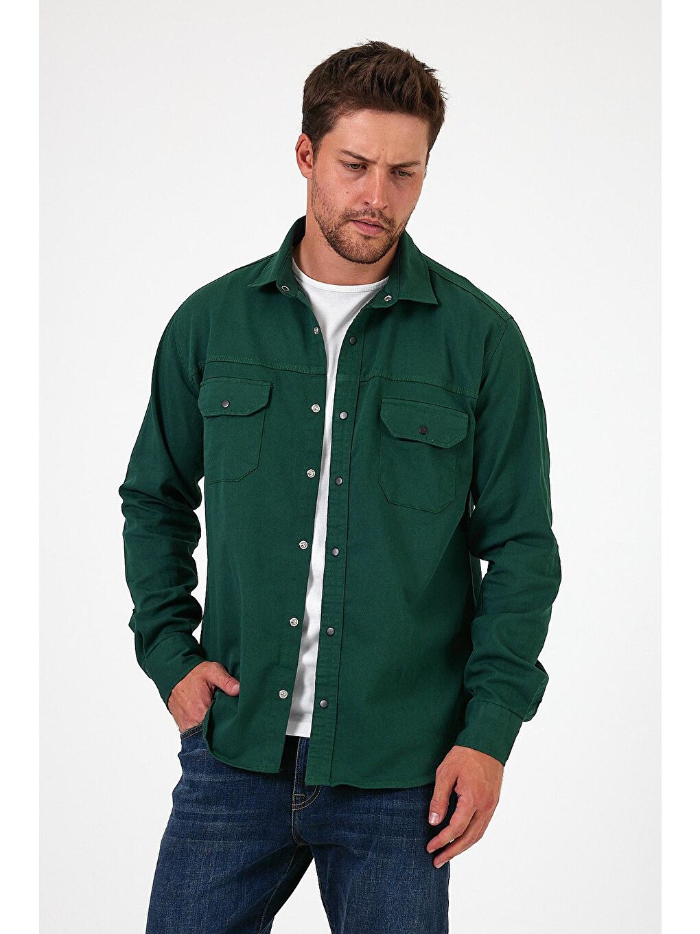 Yeşil Regular Fit Çift Cepli Çıt Çıt Düğme Detaylı  Erkek Jean Gömlek RF0290