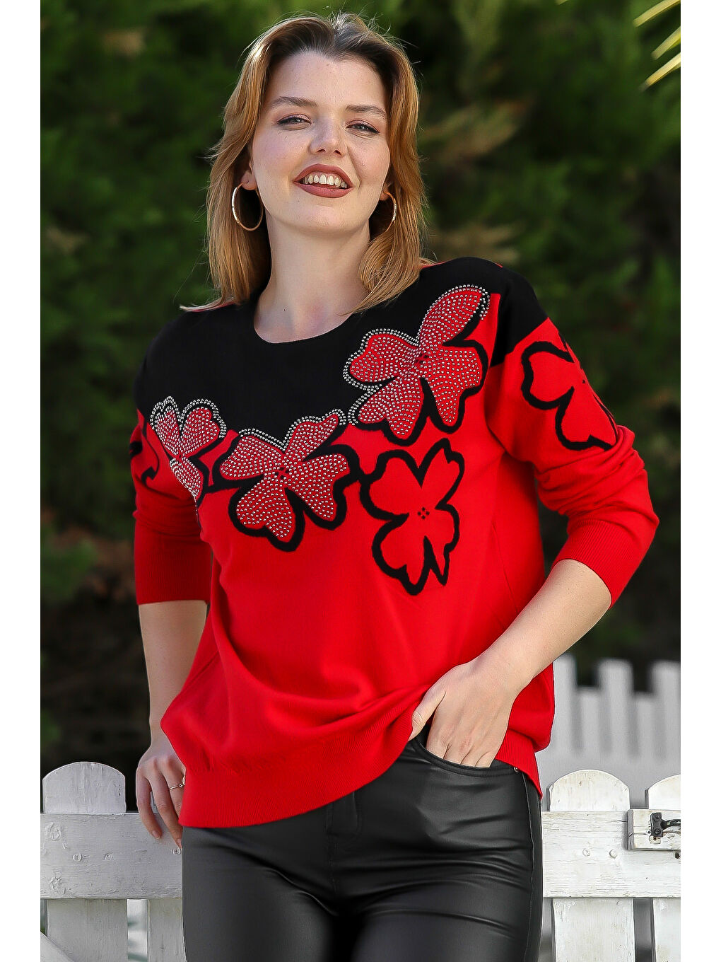 Kırmızı Yuvarlak Yaka Uzun Kol Çiçekli Troklu Casual Triko Kazak 65 60-4