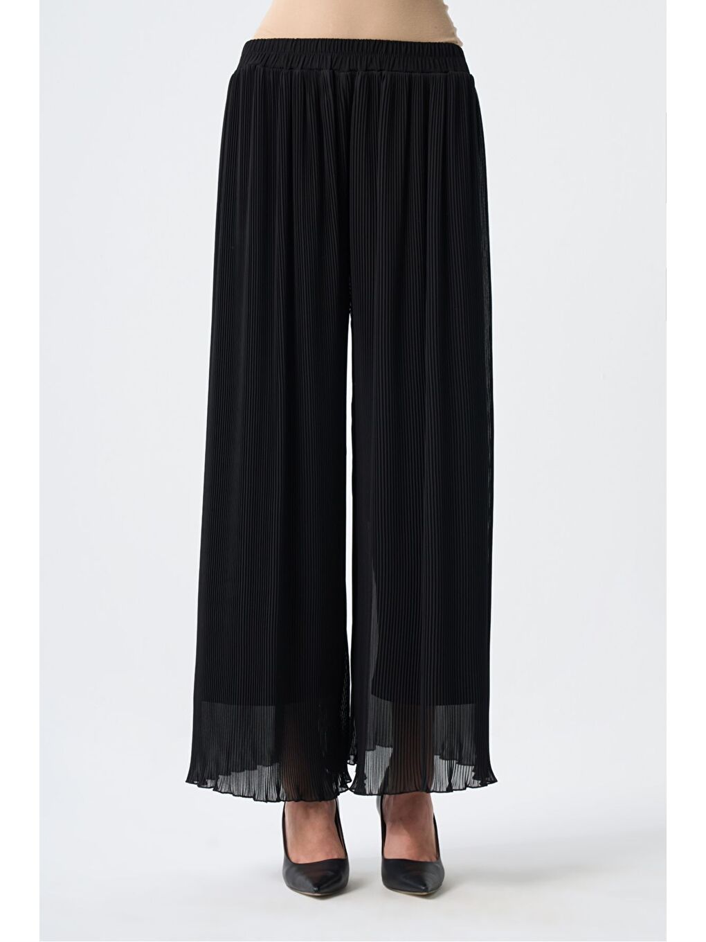 Sandy Şifon Pliseli Siyah Pantolon