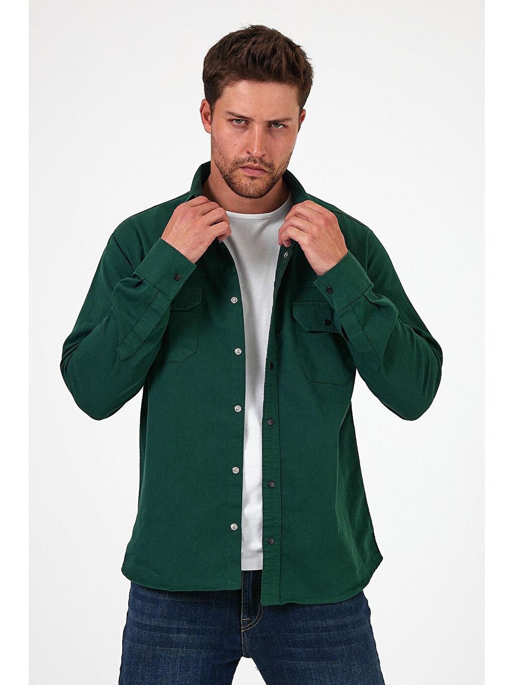 Yeşil Regular Fit Çift Cepli Çıt Çıt Düğme Detaylı  Erkek Jean Gömlek RF0290-1