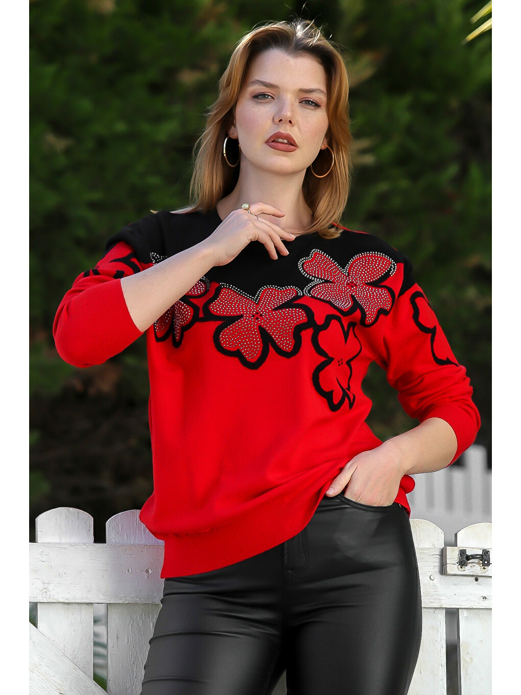 Kırmızı Yuvarlak Yaka Uzun Kol Çiçekli Troklu Casual Triko Kazak 65 60-5