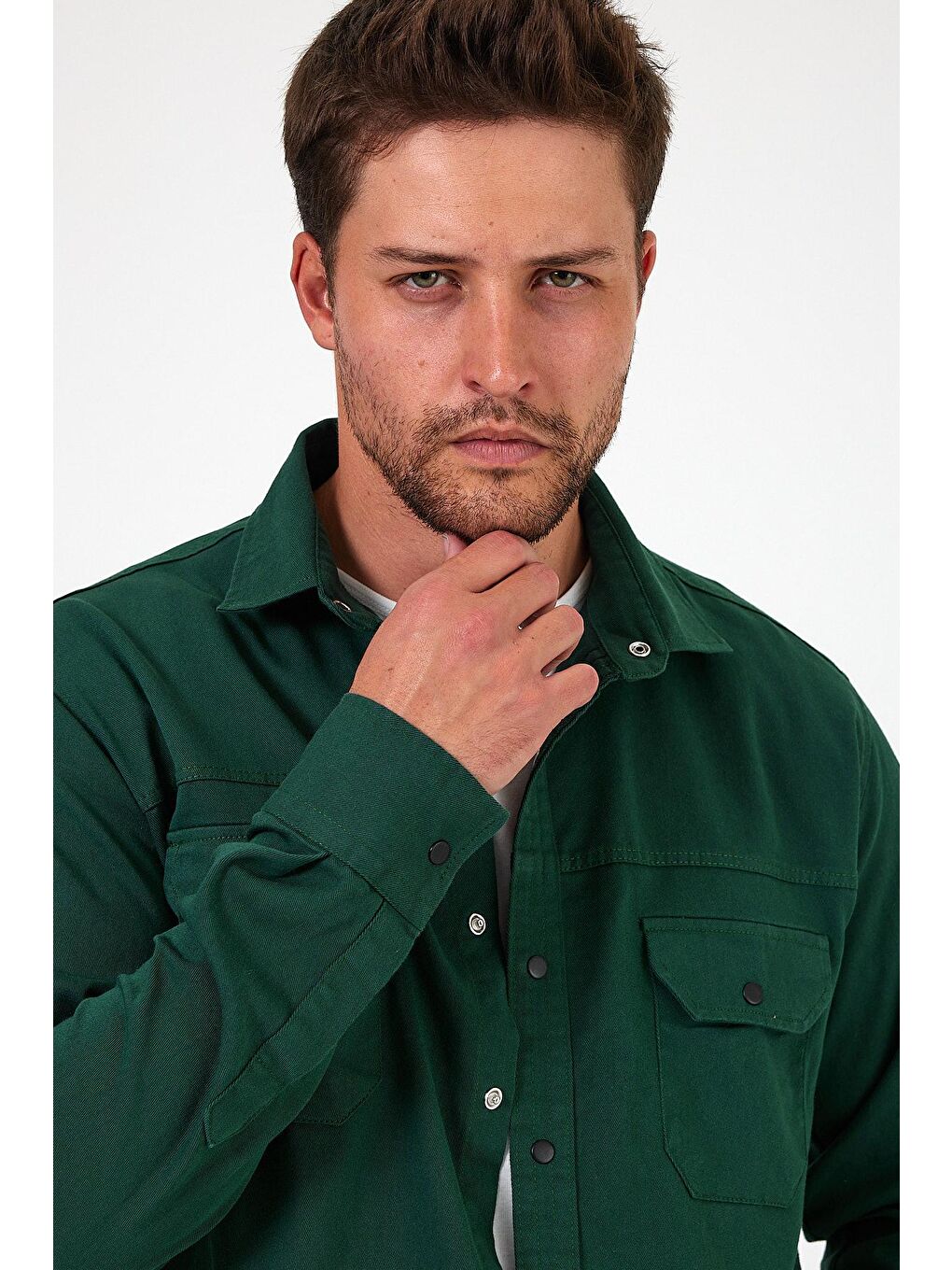 Yeşil Regular Fit Çift Cepli Çıt Çıt Düğme Detaylı  Erkek Jean Gömlek RF0290-2