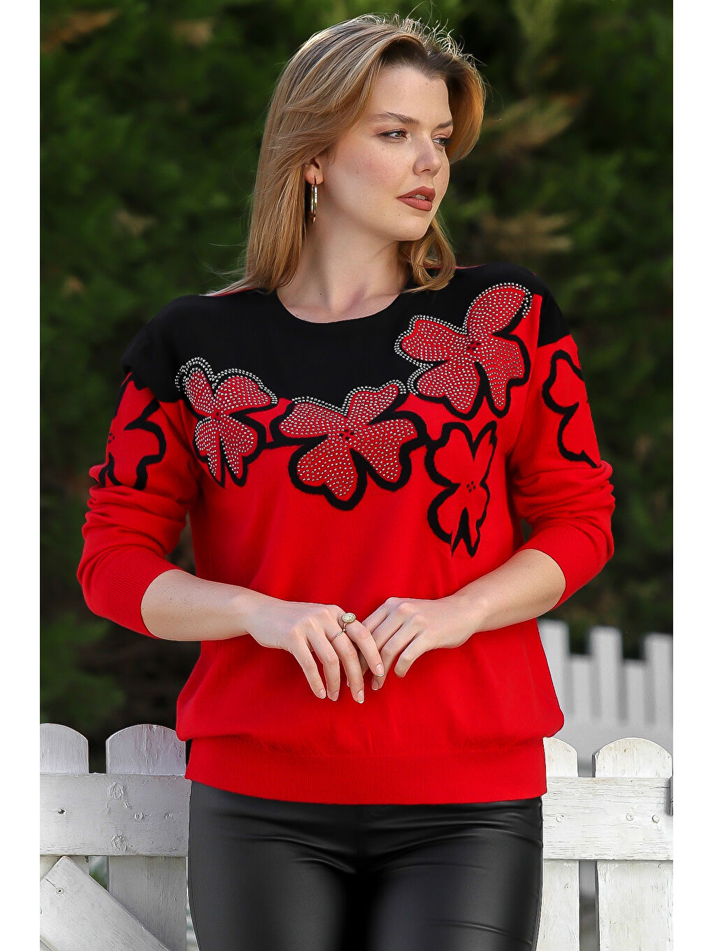 Kırmızı Yuvarlak Yaka Uzun Kol Çiçekli Troklu Casual Triko Kazak 65 60-6