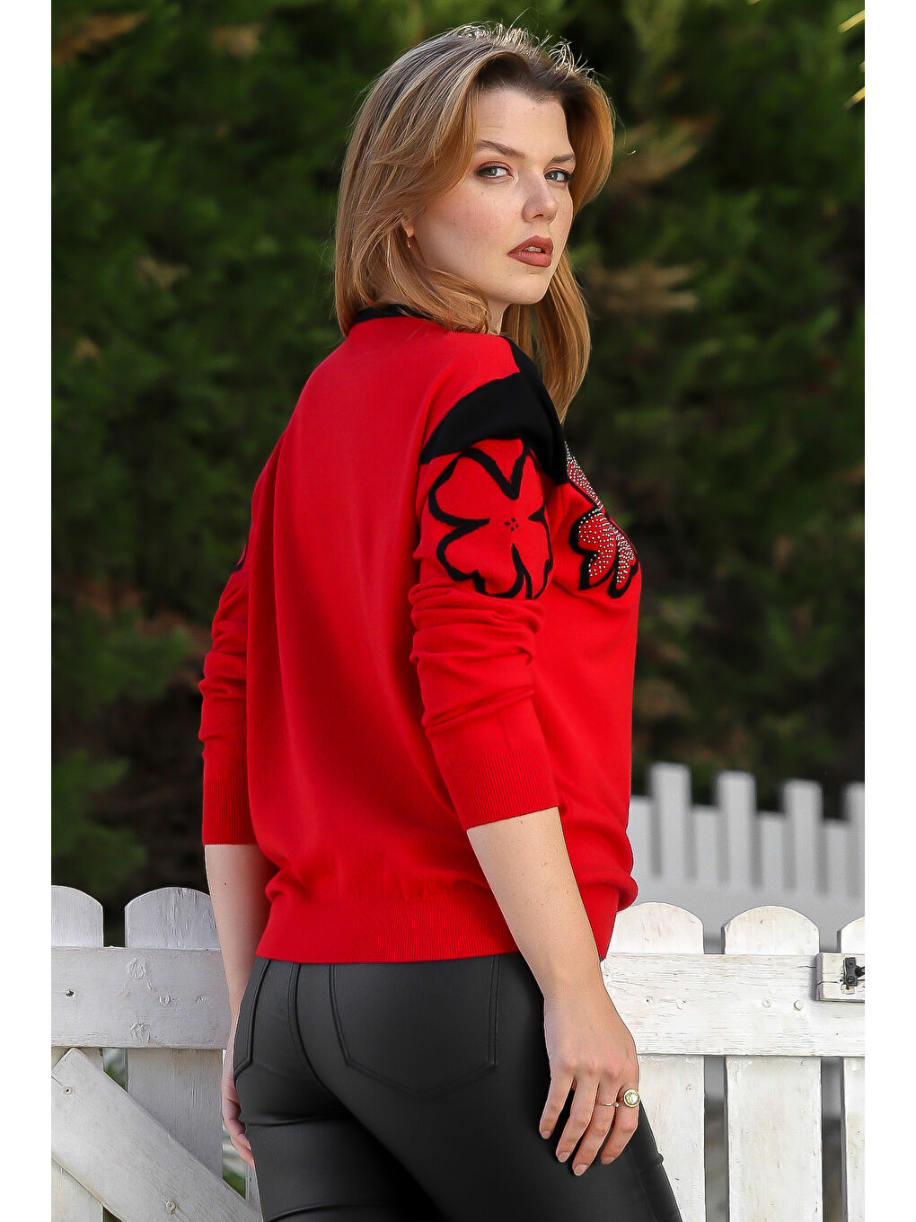 Kırmızı Yuvarlak Yaka Uzun Kol Çiçekli Troklu Casual Triko Kazak 65 60-7