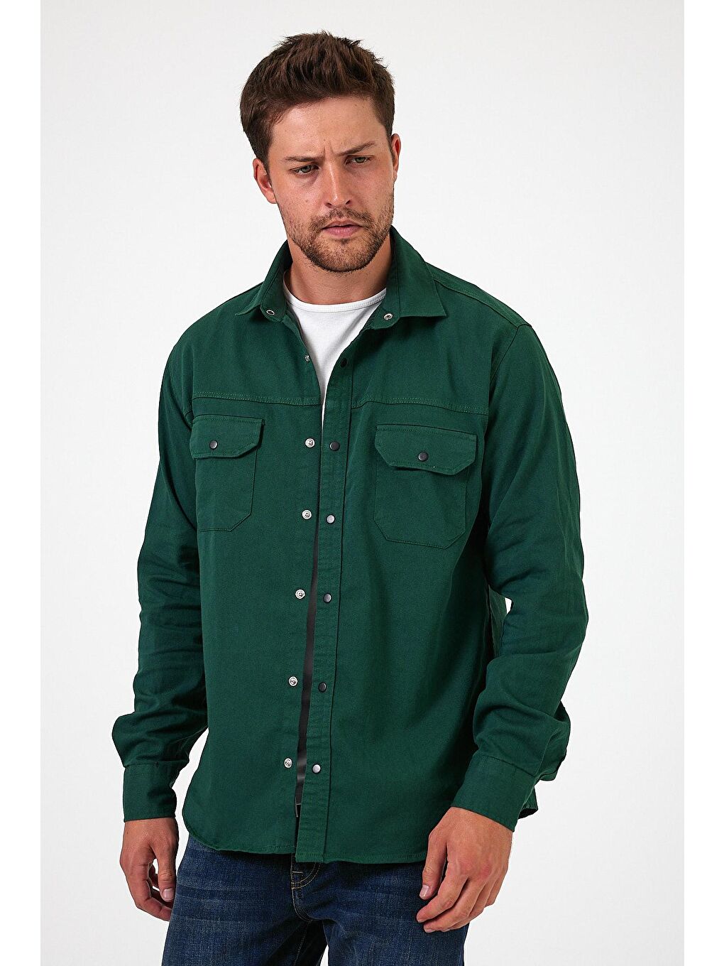Yeşil Regular Fit Çift Cepli Çıt Çıt Düğme Detaylı  Erkek Jean Gömlek RF0290-3