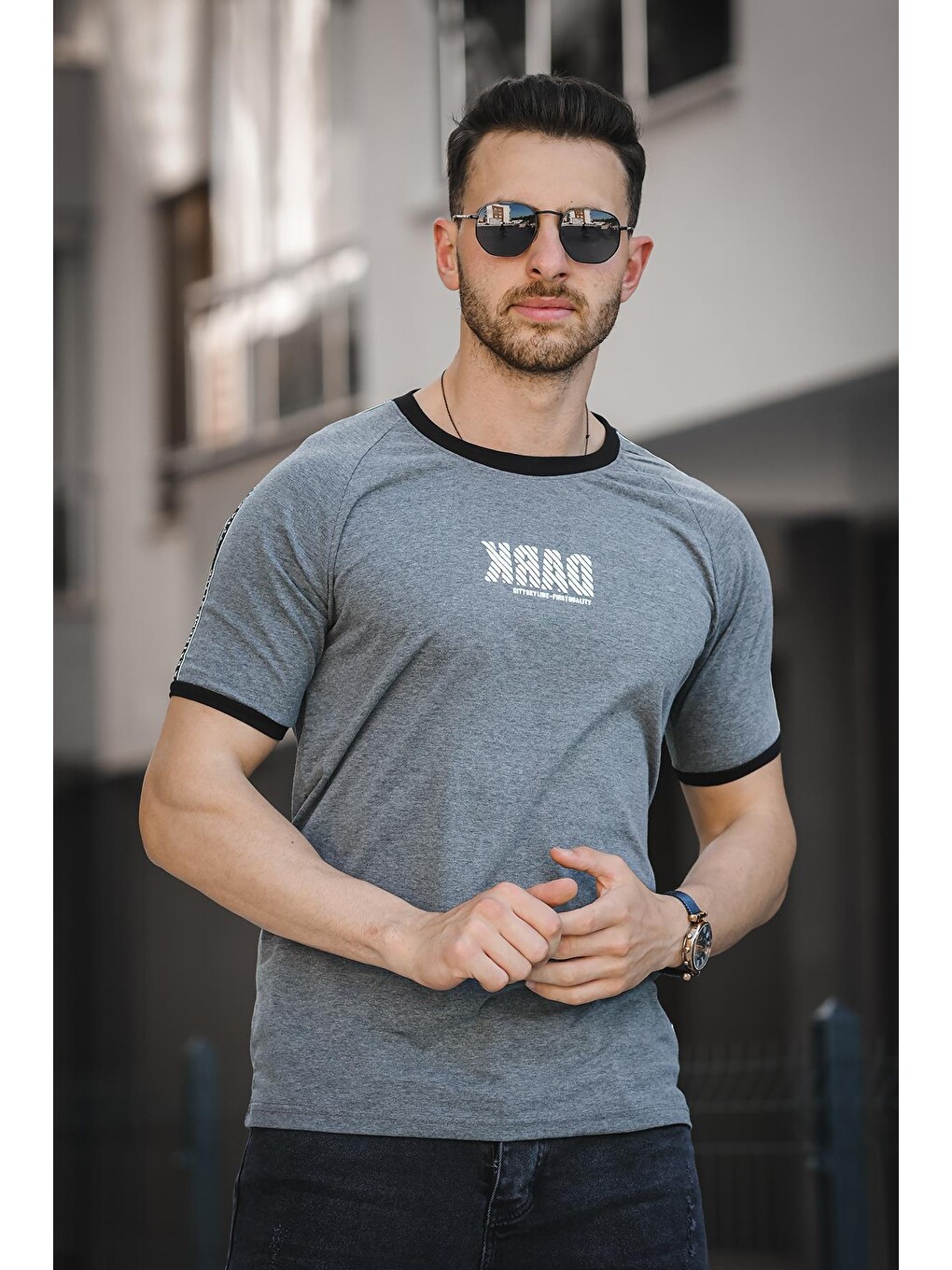 Antrasit Dark Baskılı Omuz Şeritli Slim Fit Elastanlı Erkek Tişört-1