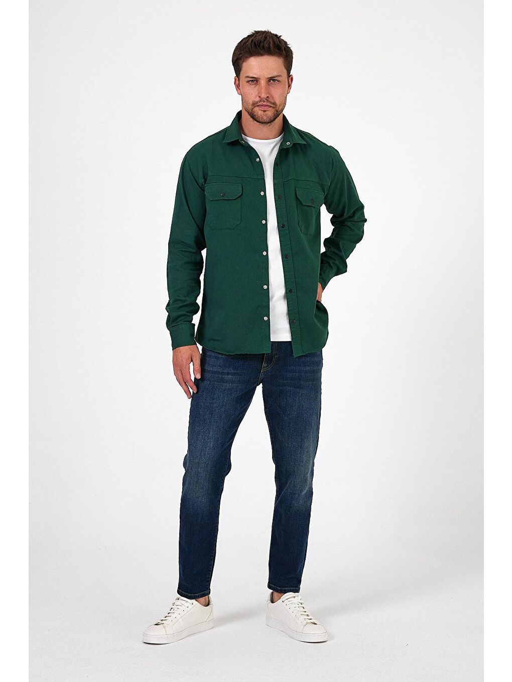 Yeşil Regular Fit Çift Cepli Çıt Çıt Düğme Detaylı  Erkek Jean Gömlek RF0290-4