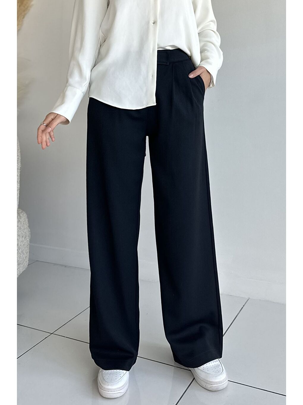 Lacivert Kadın Bel Lastikli Cırtlı Tesettür Palazzo Pantolon