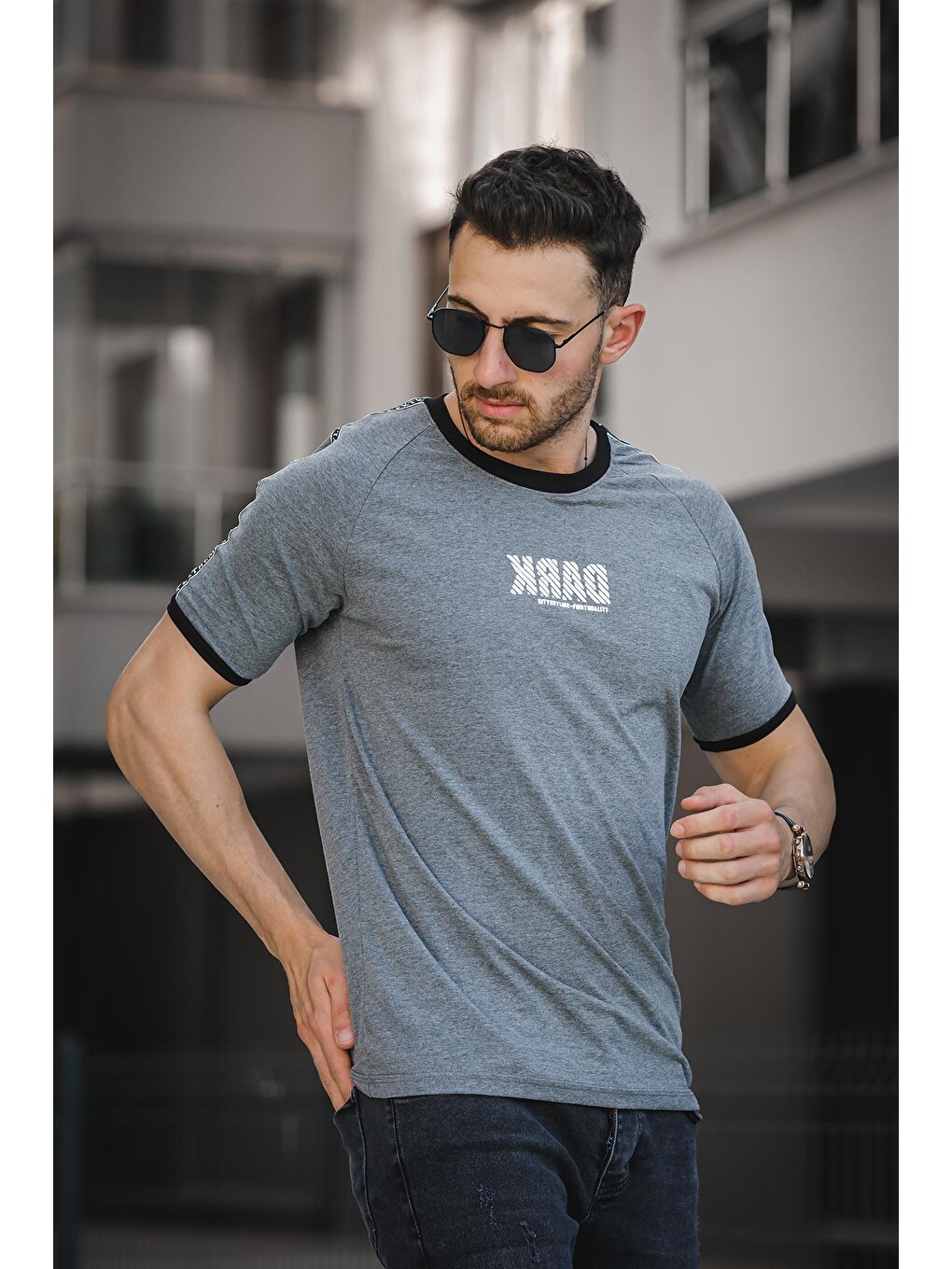 Antrasit Dark Baskılı Omuz Şeritli Slim Fit Elastanlı Erkek Tişört-2