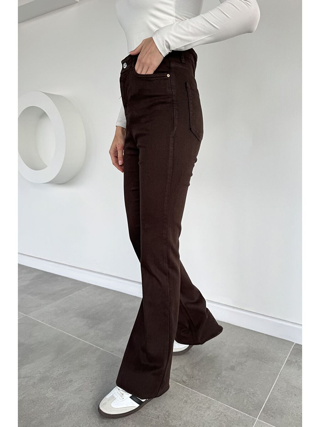 Kahverengi Kadın Elastanlı Yüksek Bel İspanyol Paça Gabardin Pantolon-1