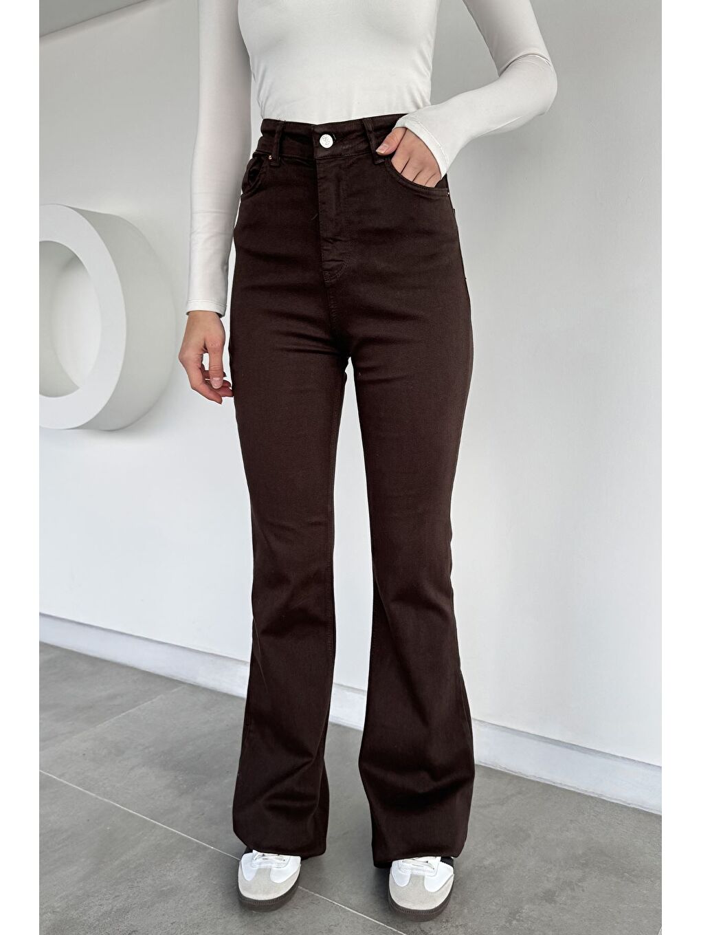 Kahverengi Kadın Elastanlı Yüksek Bel İspanyol Paça Gabardin Pantolon-2