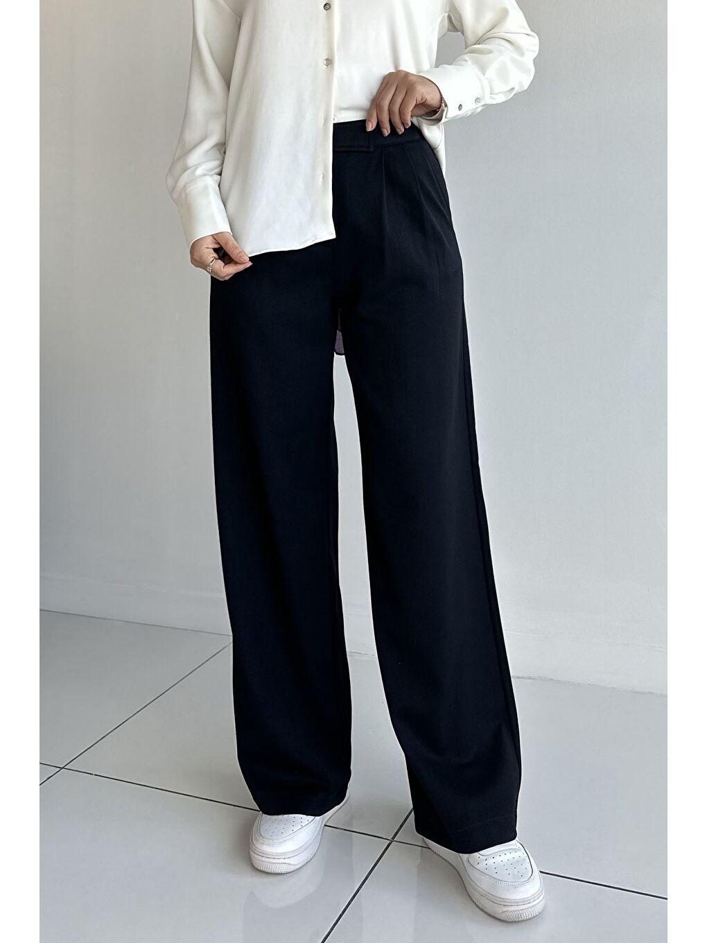 Lacivert Kadın Bel Lastikli Cırtlı Tesettür Palazzo Pantolon-2