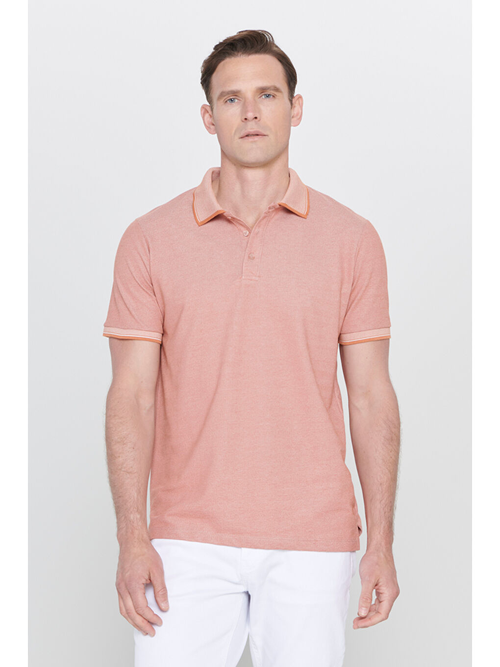 Kahverengi Erkek Kiremit-Bej Slim Fit Dar Kesim Kıvrılmaz Polo Yaka Kısa Kollu Tişört-5