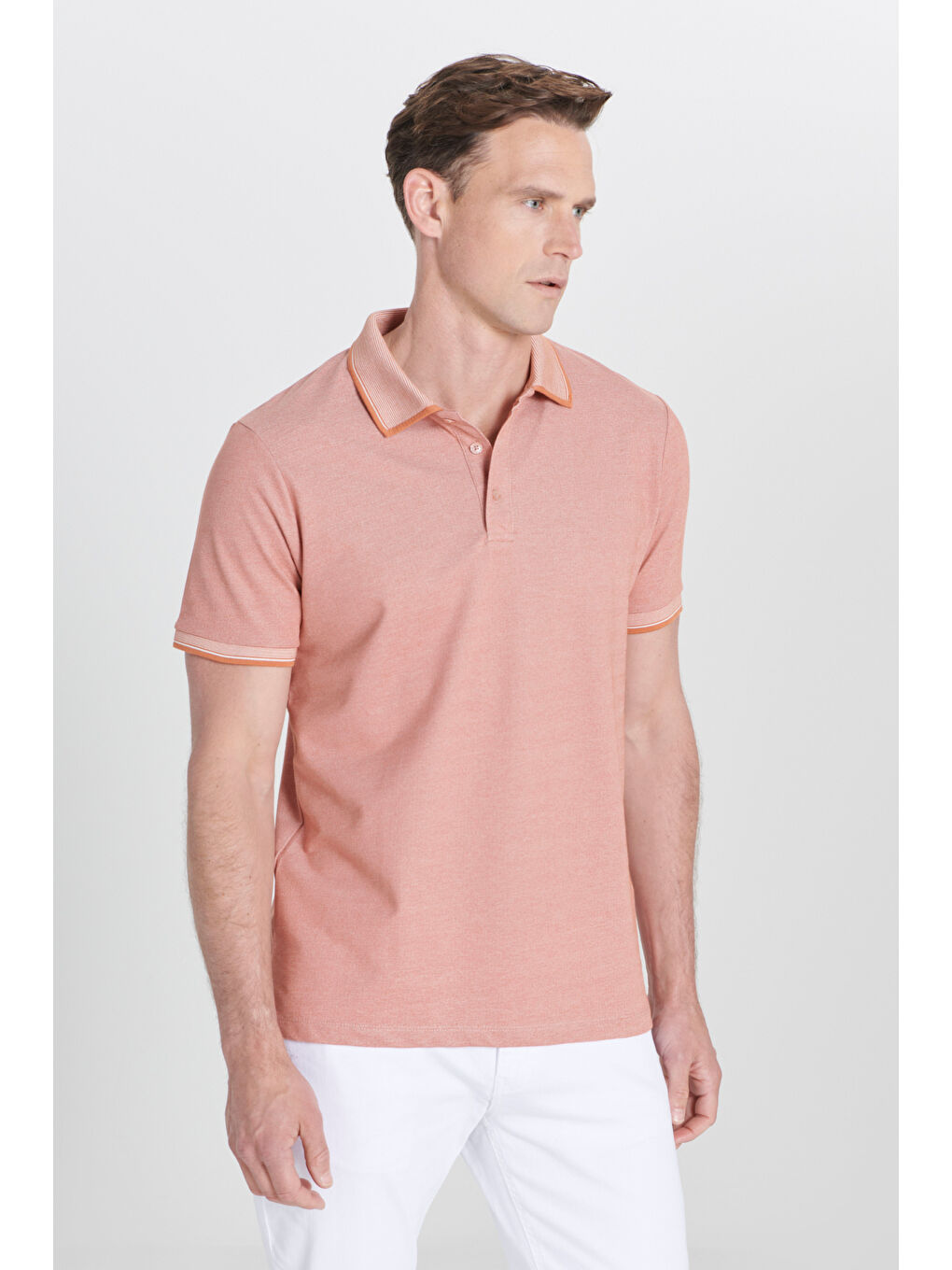 Kahverengi Erkek Kiremit-Bej Slim Fit Dar Kesim Kıvrılmaz Polo Yaka Kısa Kollu Tişört-6