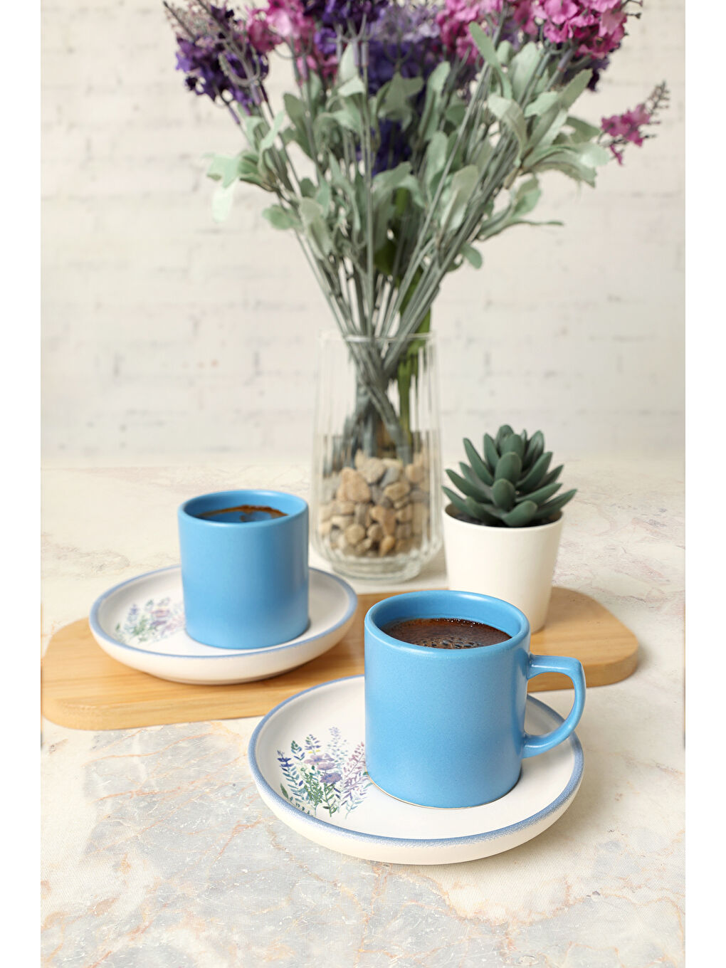 Karışık Elegant Blossoms Mavi Kahve Takımı 4 Parça 2 Kişilik