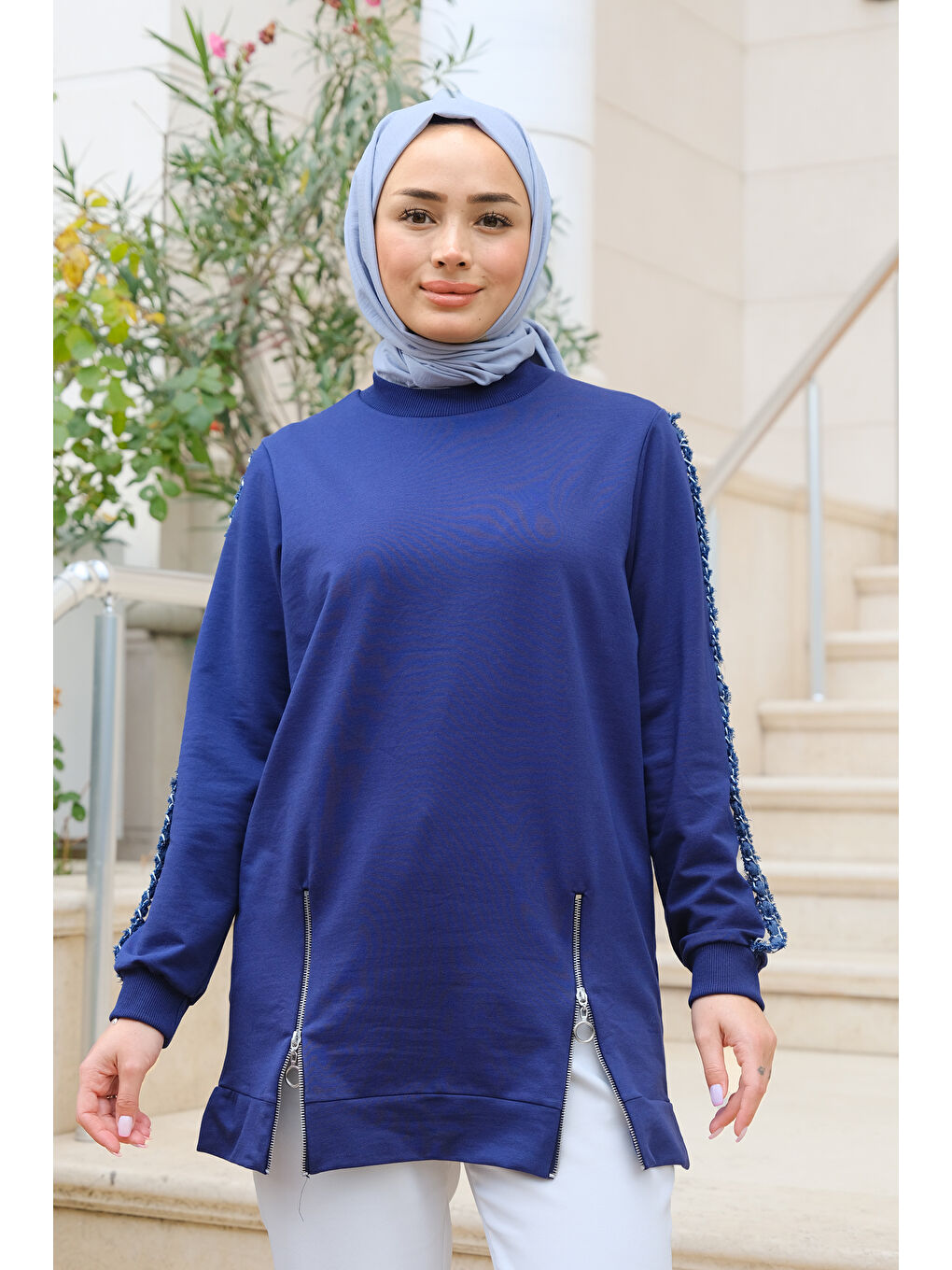 Locco Moda Lacivert Kolları Zincirli Fermuar Detay Tunik Lacivert - 3