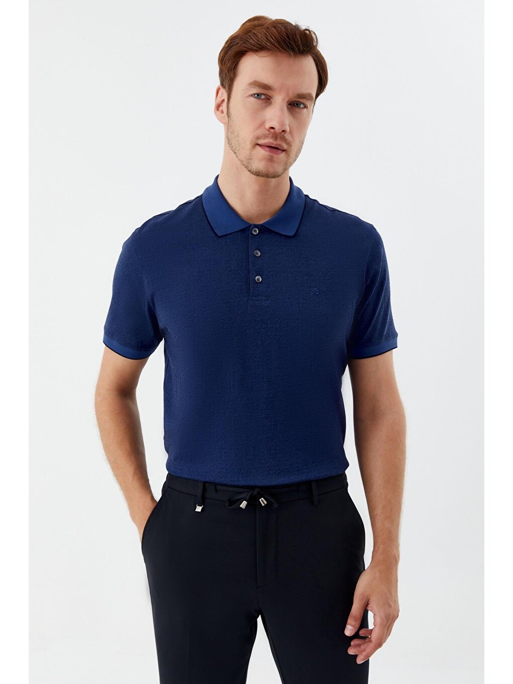 Mavi Düğmeli Polo Yaka Desenli Erkek Tişört İndigo-5