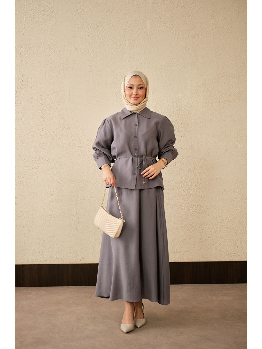 Kadın Bel Bağlamalı Gömlek Takım Gri-1