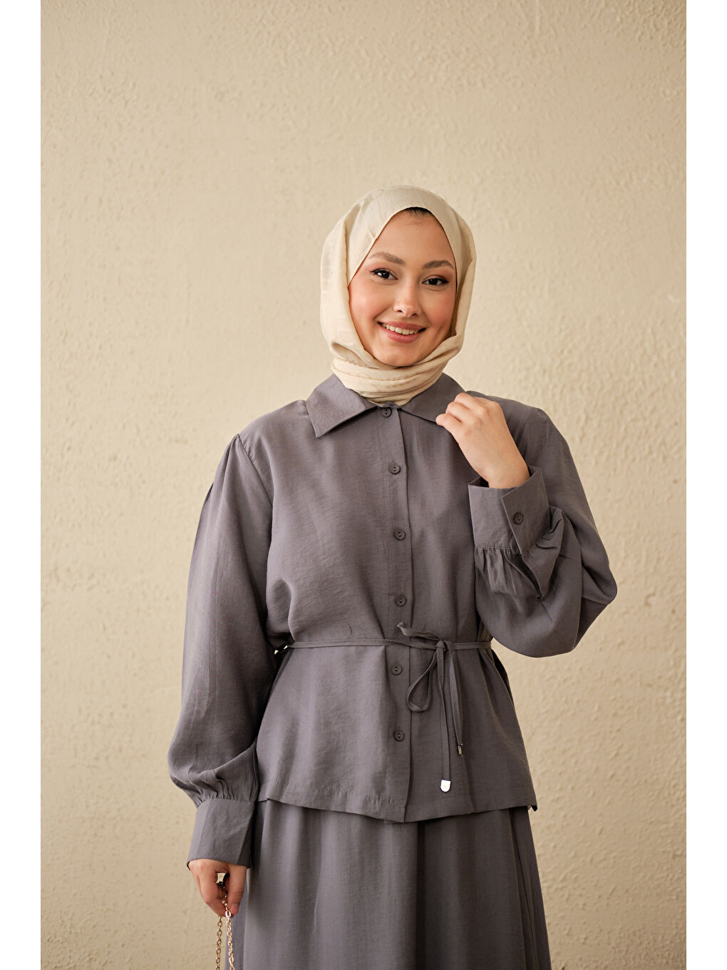 Kadın Bel Bağlamalı Gömlek Takım Gri-2