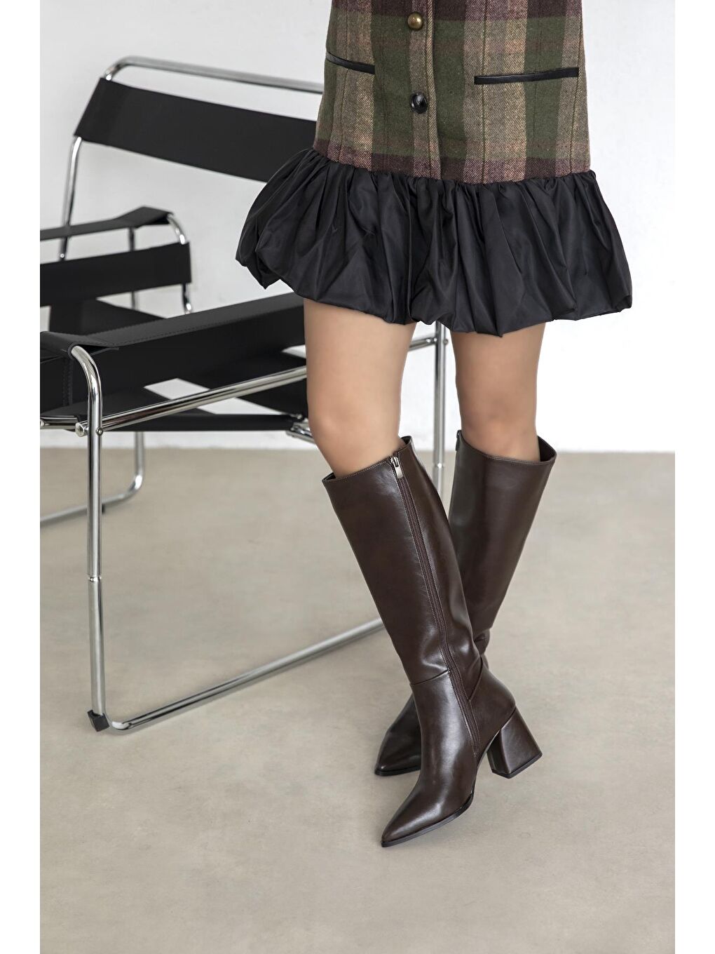 Kahverengi Kamilla Kadın Kırışık Deri Çizme Kahve