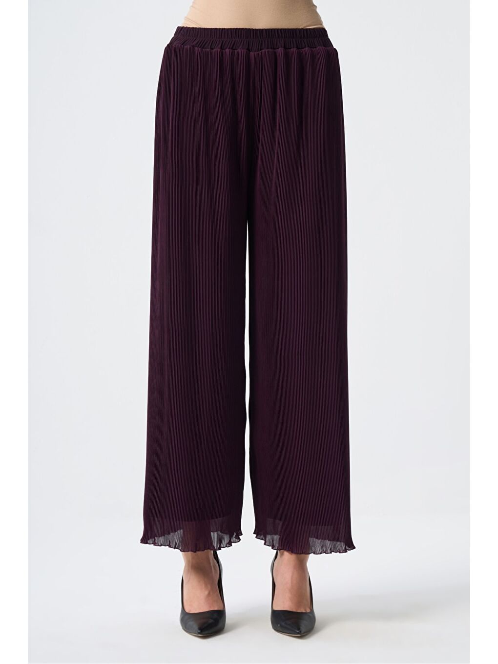 Sandy Şifon Pliseli Mürdüm Pantolon