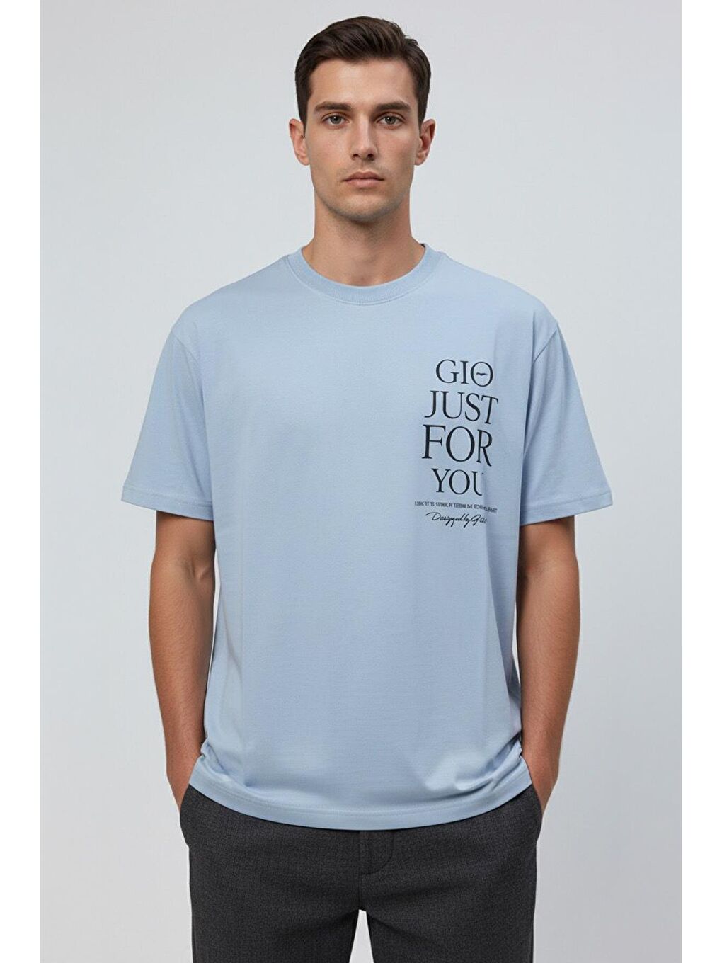 Giotelli Açık Mavi Oversize Fit %100 Pamuk Bisiklet Yaka Erkek Tişört