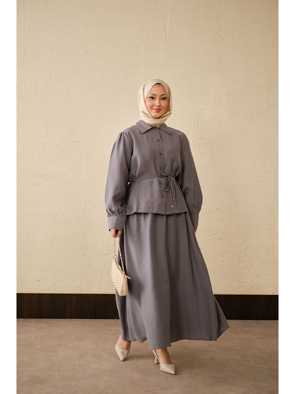 Kadın Bel Bağlamalı Gömlek Takım Gri-3